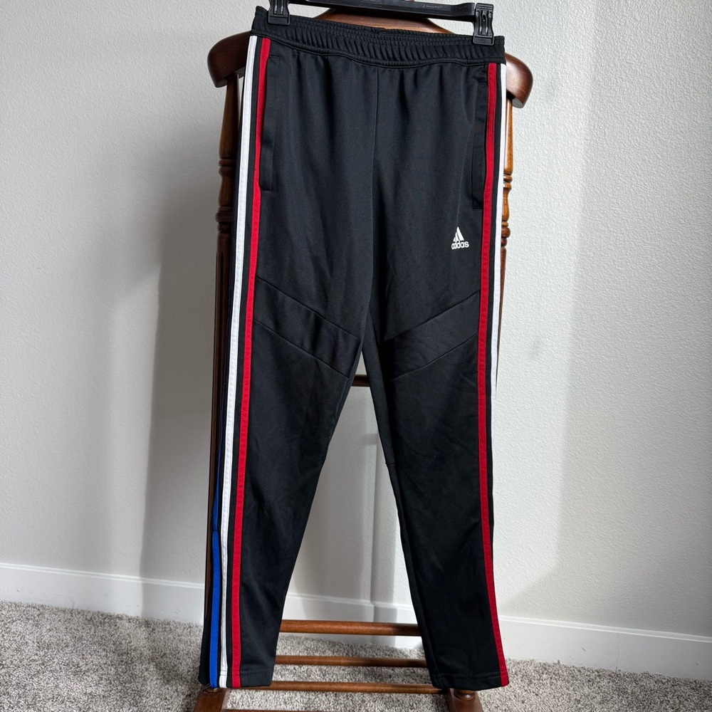 Adidas Youth 11–12Y Black Track Pants Joggers Red White Blue Stripes Athletic M